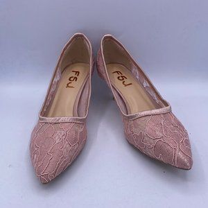FSJ Pink Lace Kitten Heel Pointed Toe Pump